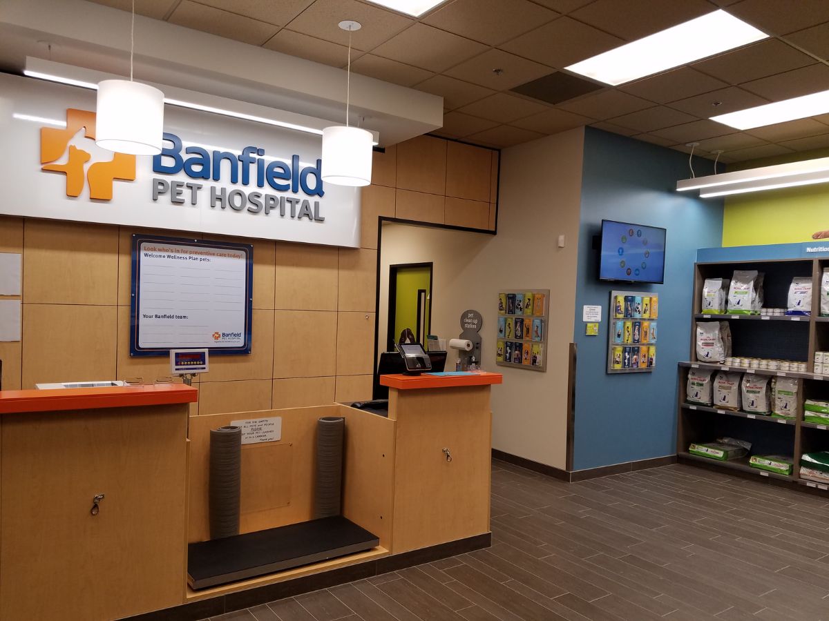 The Banfield La Verne hospital front desk and supply shelf