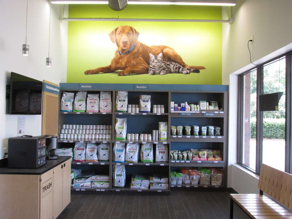 The supply shelves inside the Raleigh Creedmoor Banfield hospital