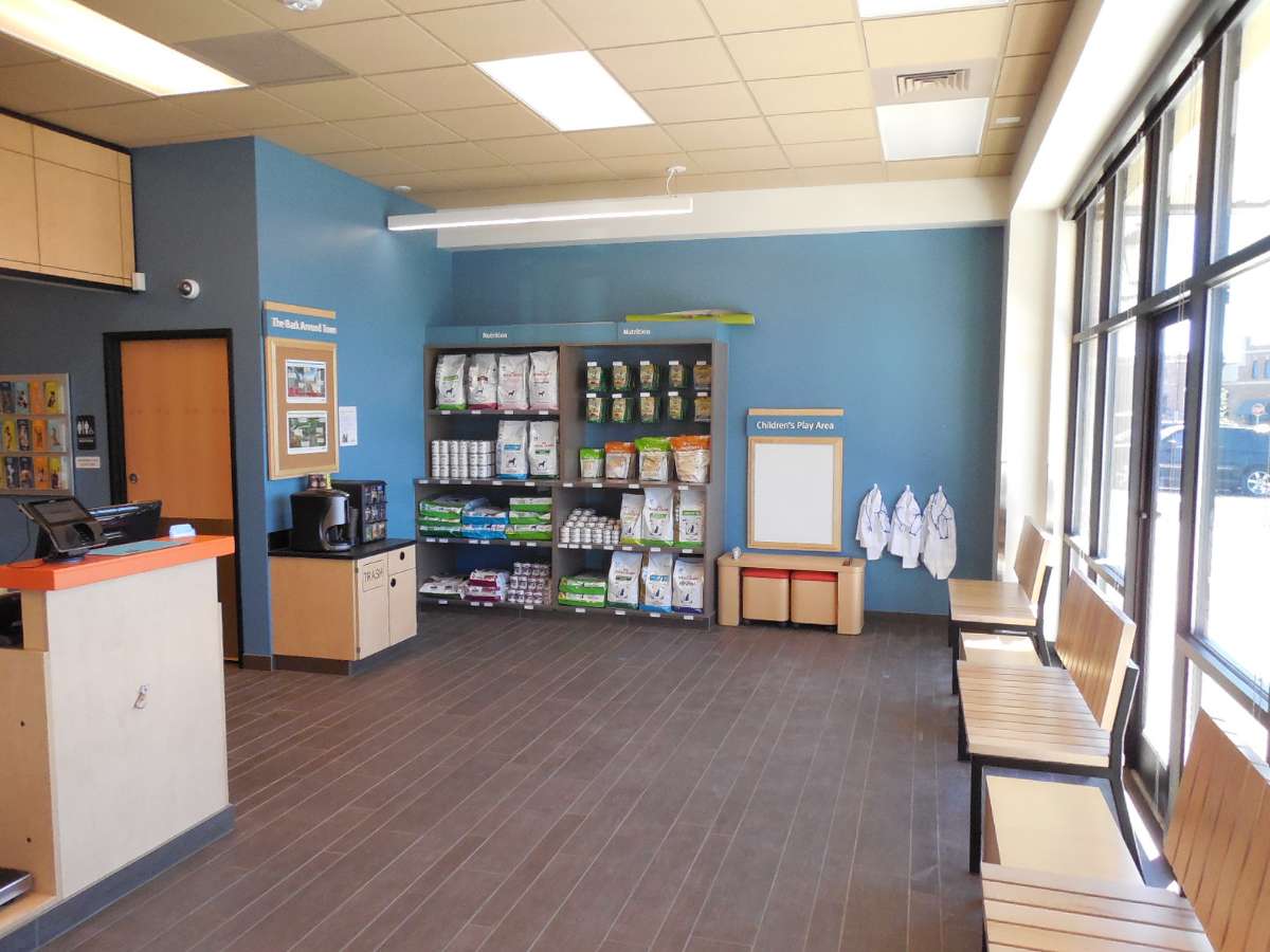 The supply shelves and front lobby in Banfield Harrisburg