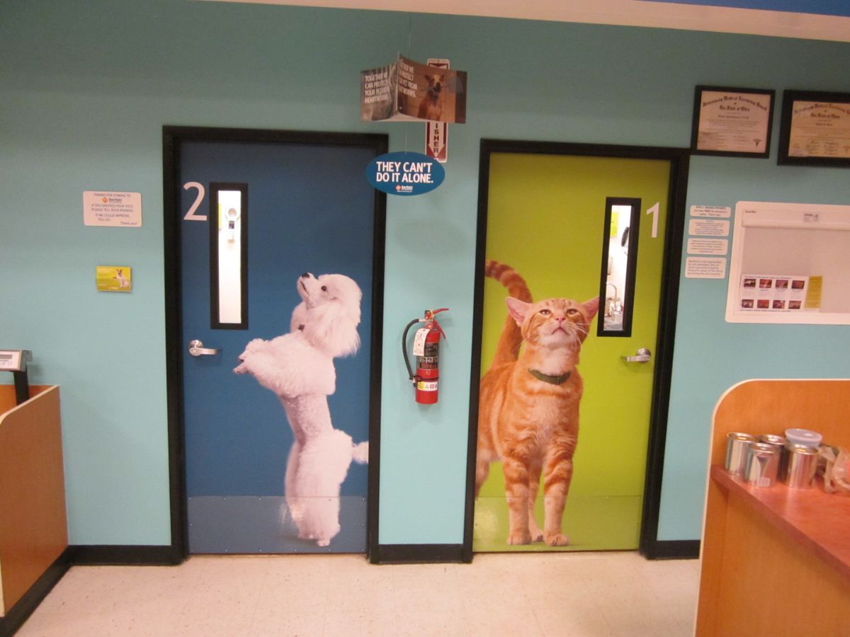 The exam room doors at the Aurora Banfield hospital