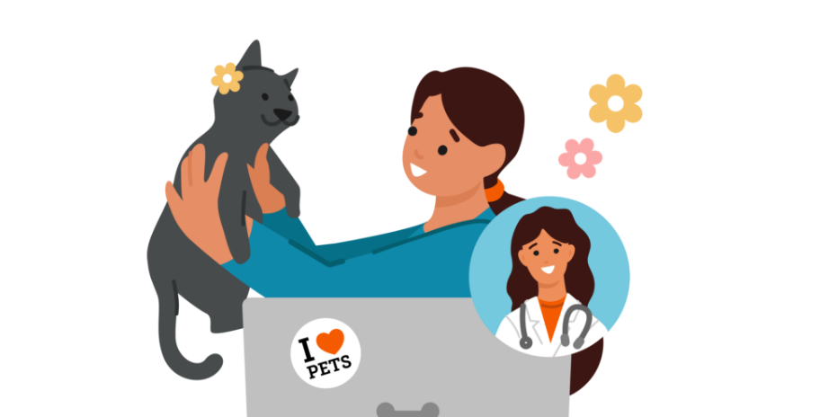 Illustration of a pet owner holding a grey cat