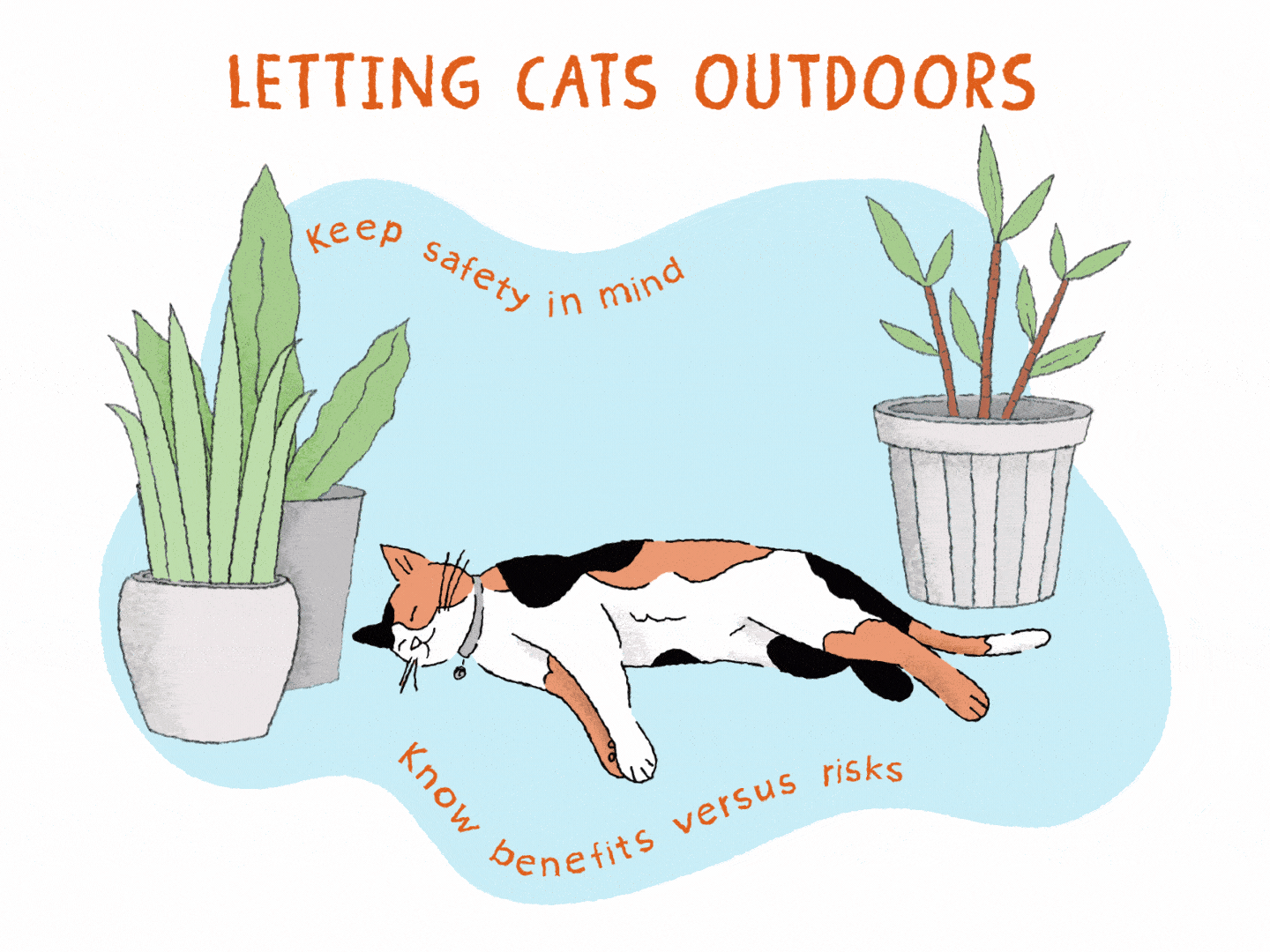 Illustration of a calico cat lying outside among some potted plants 