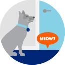 Illustrated icon of a grey dog staring at a blue door