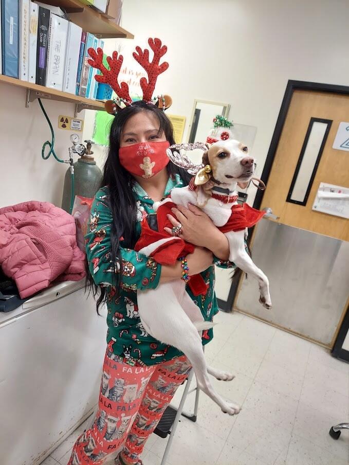 An associate holding a small dog
